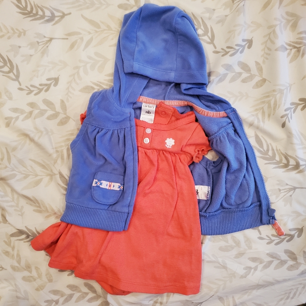 Carter's Newborn Outfit, Dress Onesie and Fleece Vest, hood, NB Girl